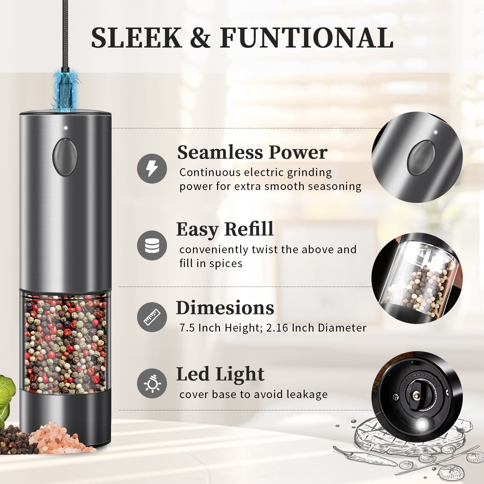 Battery-Powered Salt and Pepper Grinder Set (2PCS) - Automatic Spice Grinder Adjustable Coarseness for Kitchen