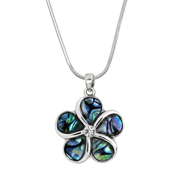Daisy Flower Abalone Shell Pendant Necklace or Earring Rhodium Plated 17 Inch Snake Chain J0439