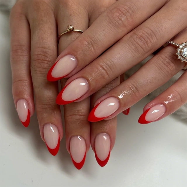 Set de uñas postizas adhesivas Wisewo rojo French tip almendra, 24 piezas