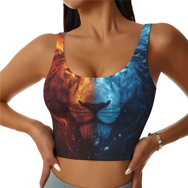 Balery Red And Blue Fire Lion Sujetadores deportivos con espalda cruzada para mujer, acolchados, sin costuras, de alto impacto, ideales para yoga, gimnasio, entrenamiento y fitness.-