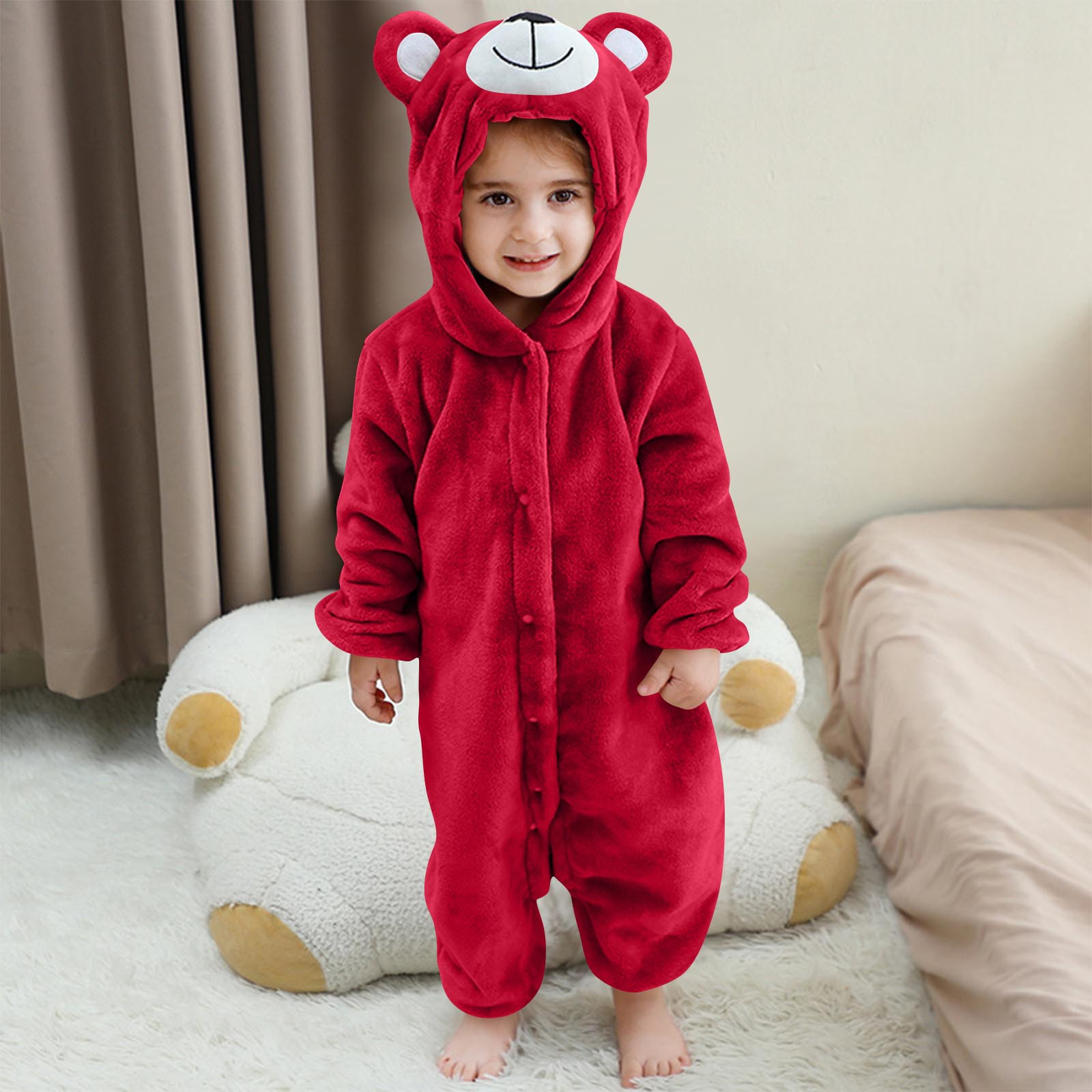 Paiwinds Girls' Fleece Hooded Jumpsuit Pajamas for Toddler & Kids (3M-6Y) Winter Warm Bear Costume One-Piece Sleepwear with Buttons, Soft Long Sleeve Romper for Home & Holiday