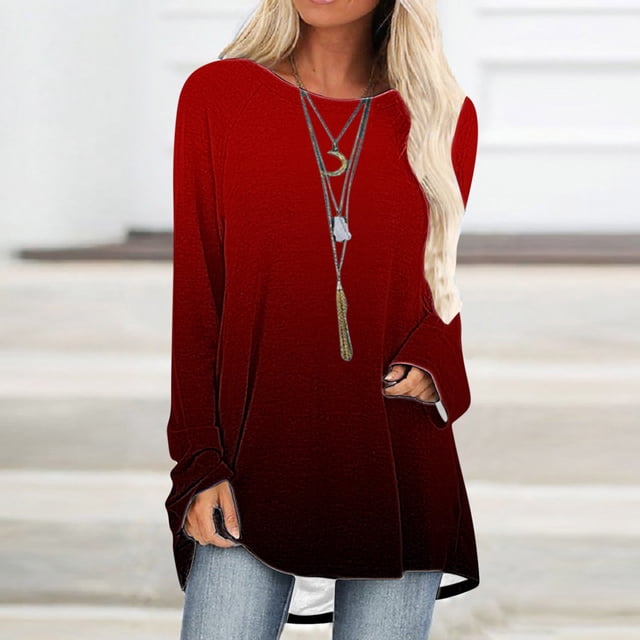 Chemises à Manches Longues pour Femmes à la Mode Femmes Chute Gradient en Vrac Confortable T-shirt Manches Longues Blouse Col Rond Casual Tops