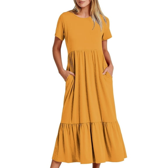 FRSASU Maxi Beach Dress for Women ,Women'S Summer Short Sleeve Crewneck Dress Flowy Tiered Maxi Beach Dress with Pockets Yellow 10(XL)