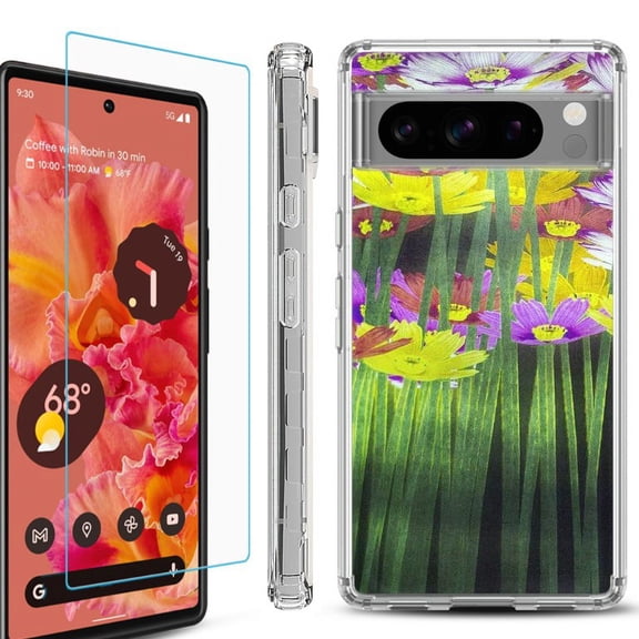 OneToughShield ® Compatible with Google Pixel 8 Pro, Shockproof Phone Case, with Tempered Glass Screen Protector - Dream Flower