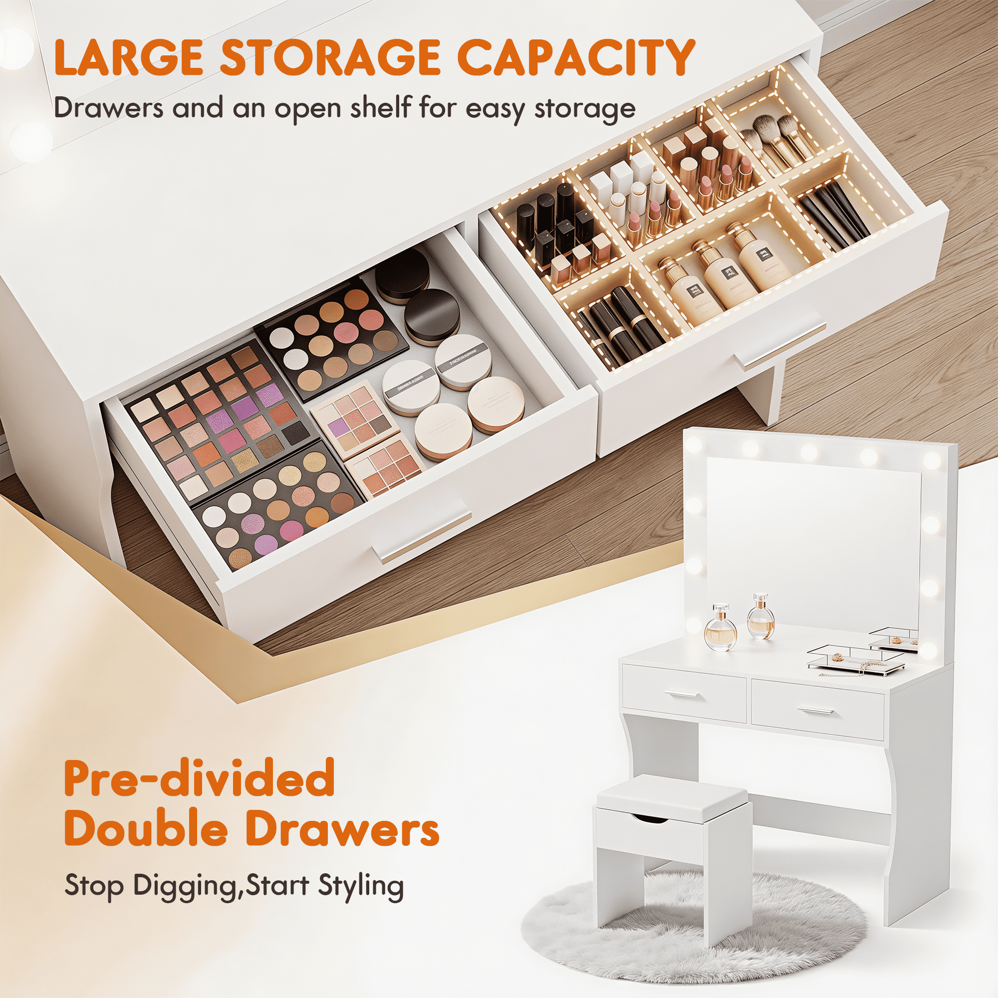 Furmax Makeup Vanity Table Set with Lights and Mirror Vanity Desk with Drawer and Chair, White
