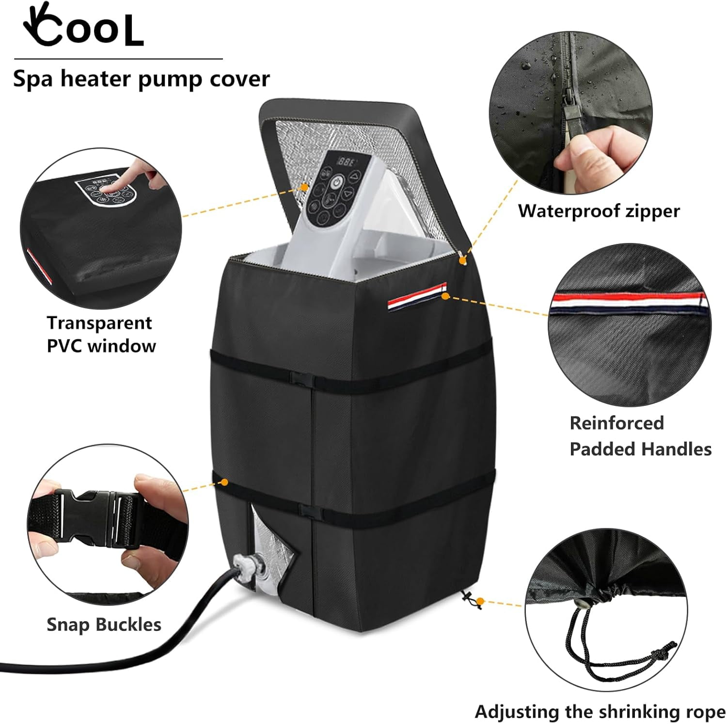 Hot Tub Pump Cover, Hot Tub Insulated Pump Cover, Hot Tub Spa Heater Pump Cover with Colorful Handles, Dustproof, Waterproof, and UV-Resistant, Upgraded and Thickened for Spa Heaters (Black)