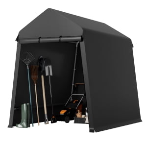 Portable Outdoor Storage Shelter Shed Tent, steel frame structure with roll-up door and black PU cover, weatherproof storage space for motorcycle, bike, lawn mower and garden tools