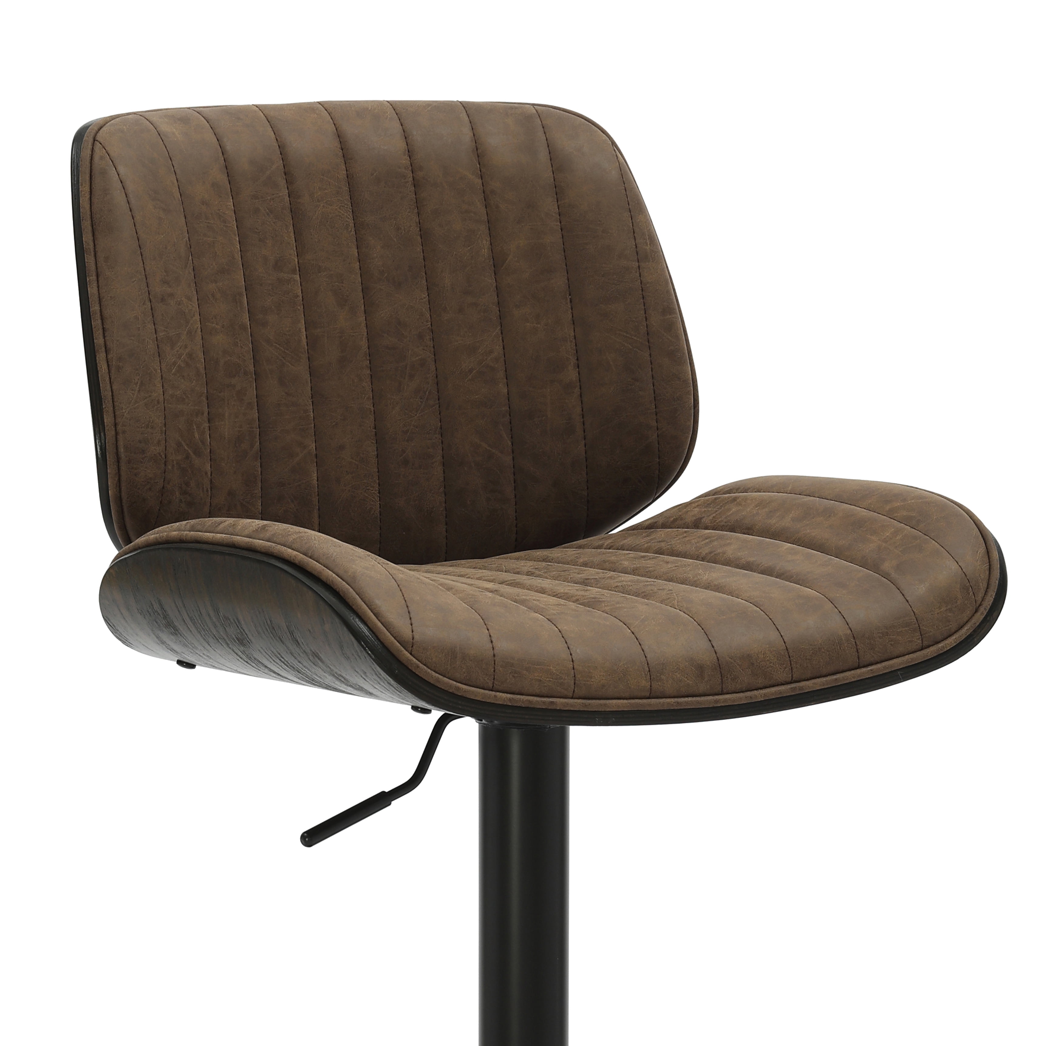 Brock Adjustable Swivel Vintage Dark Brown Curved Back Wood Bar Stool with Faux Leather Seat