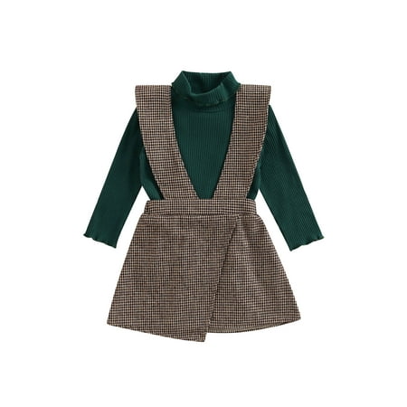 

Canrulo Toddler Baby Girl Fall Winter Outfits Rib Long Sleeve Turtleneck Pullover Sweater Knit Top Plaid Suspender Skirt Cothes Sets Green 12-18 Months