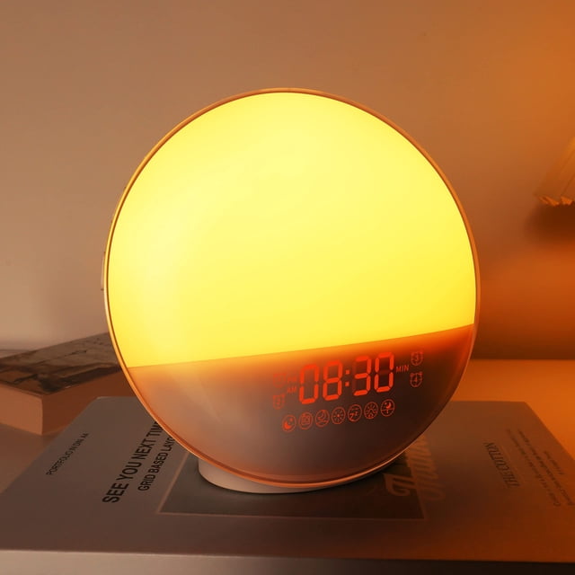 Reloj despertador con luz de amanecer para dormir pesado, simulación de amanecer y atardecer, alarmas duales y sonidos naturales, función de repetición y ayuda para do