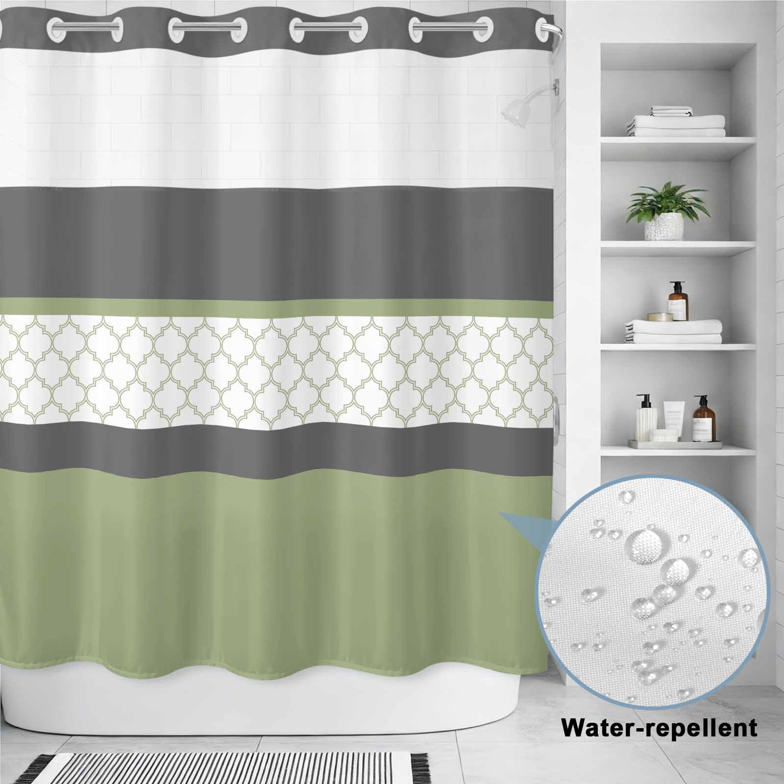 No Hook Shower Curtains for Bathroom Sage Green Morocco Waterproof Shower Curtain Decorative Modern Stitching Geometric Striped Grey Bath Tub Bath Curtains with See Through Top Window 72x72 Inch