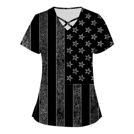 

NILLLY Blouses for Women Plus Size Independence Day Printed Scrub Working Uniform Tops for Women Cross V-Neck Short Sleeve Fun T-Shirts Workwear Tee with Pockets Ladies Top Black / XL