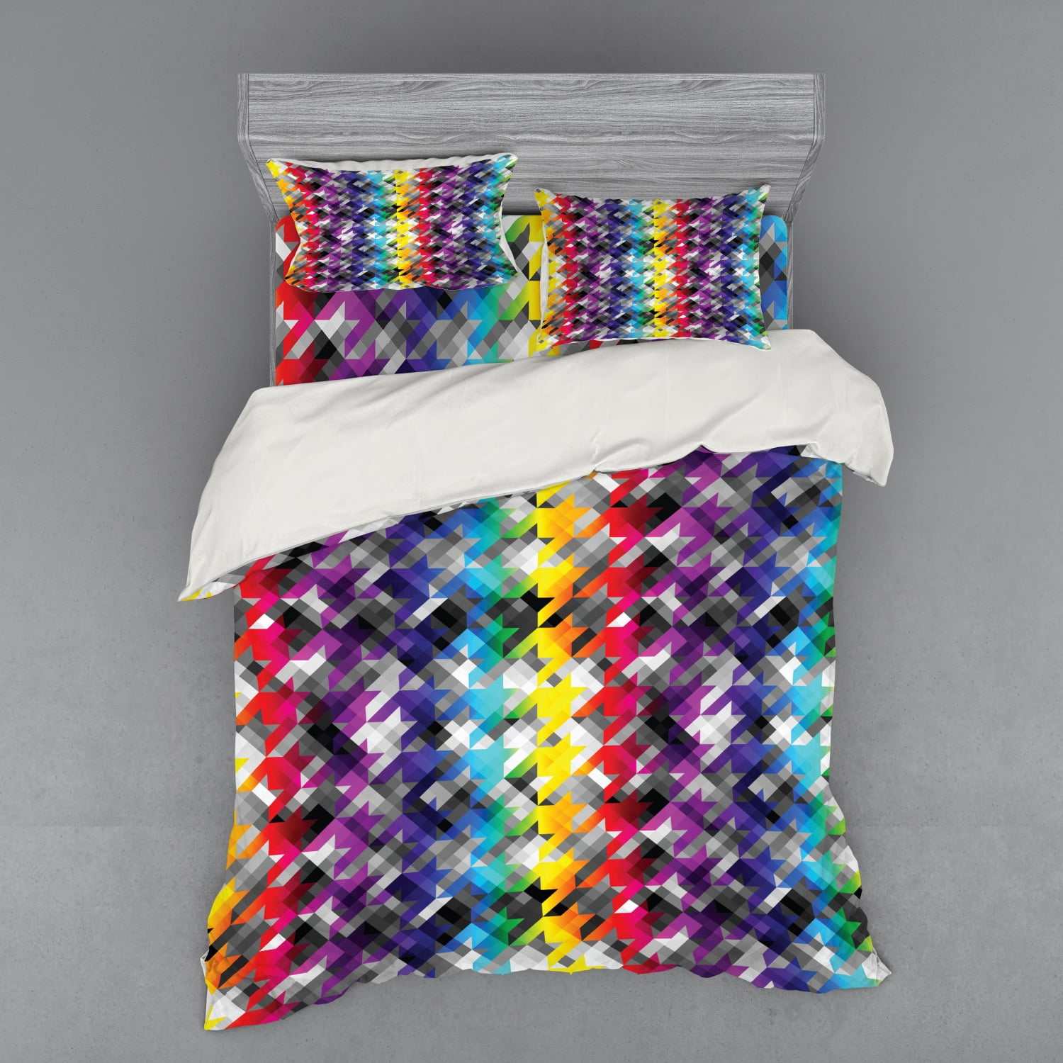 Colorful Duvet Cover Set, Diagonal Geometrical Houndstooth Pattern in