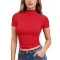 thumbnail image 2 of Hearthz Women's Mock Turtle Neck Shirt Short Sleeve Fitted Womens Basic Tops Solid Color Stretchy Slim Fit Womens Shirts Red S, 2 of 6
