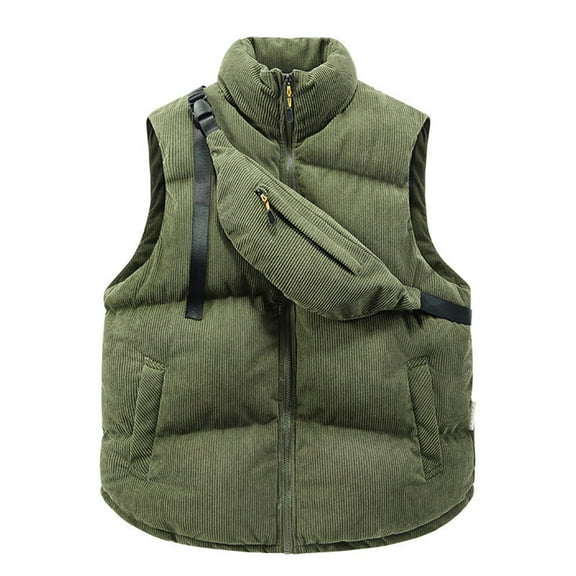 Men's Stand-up Collar Cotton Vest with Crossbody Bag, Stylish Vest Jacket Army Green L