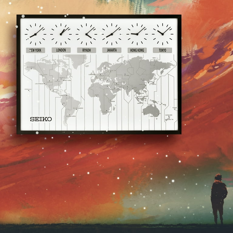 Seiko World's View Wall Map, 6 Time Zone Clocks, Quartz