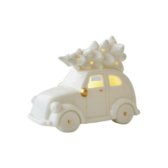 Ceramic Christmas Decorations - Mini Santa Claus & Bell Figurines,Ceramic Christmas Village Houses,LED Lighted Porcelain White Small House and Xmas Tree Tabletop Figurines,Light Up Xmas Decorations