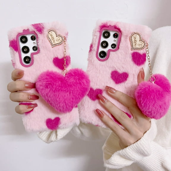 For Samsung Galaxy S22/S22 /S22 Ultra/Note 10/Note 20 Phone Case，Shockproof Fluffy Fuzzy With Cute Love Heart Ball Case Cover