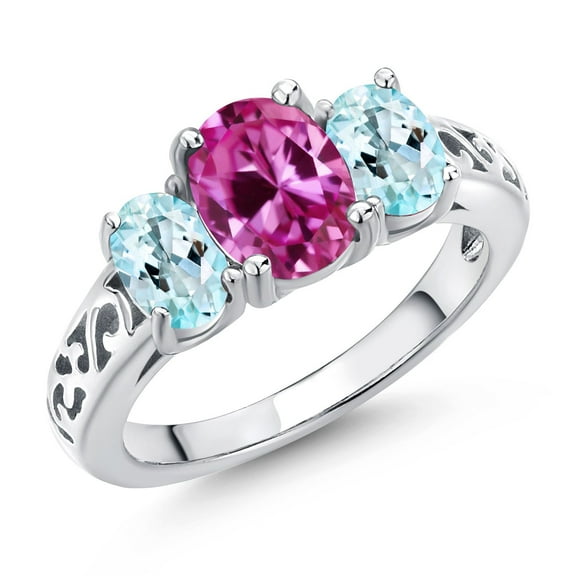 Gem Stone King 925 Sterling Silver Pink Created Sapphire and Sky Blue Topaz Filigree Style 3 Stone Ring for Women (2.65 Cttw, Oval 8X6MM and 6X4MM) (Size 6)