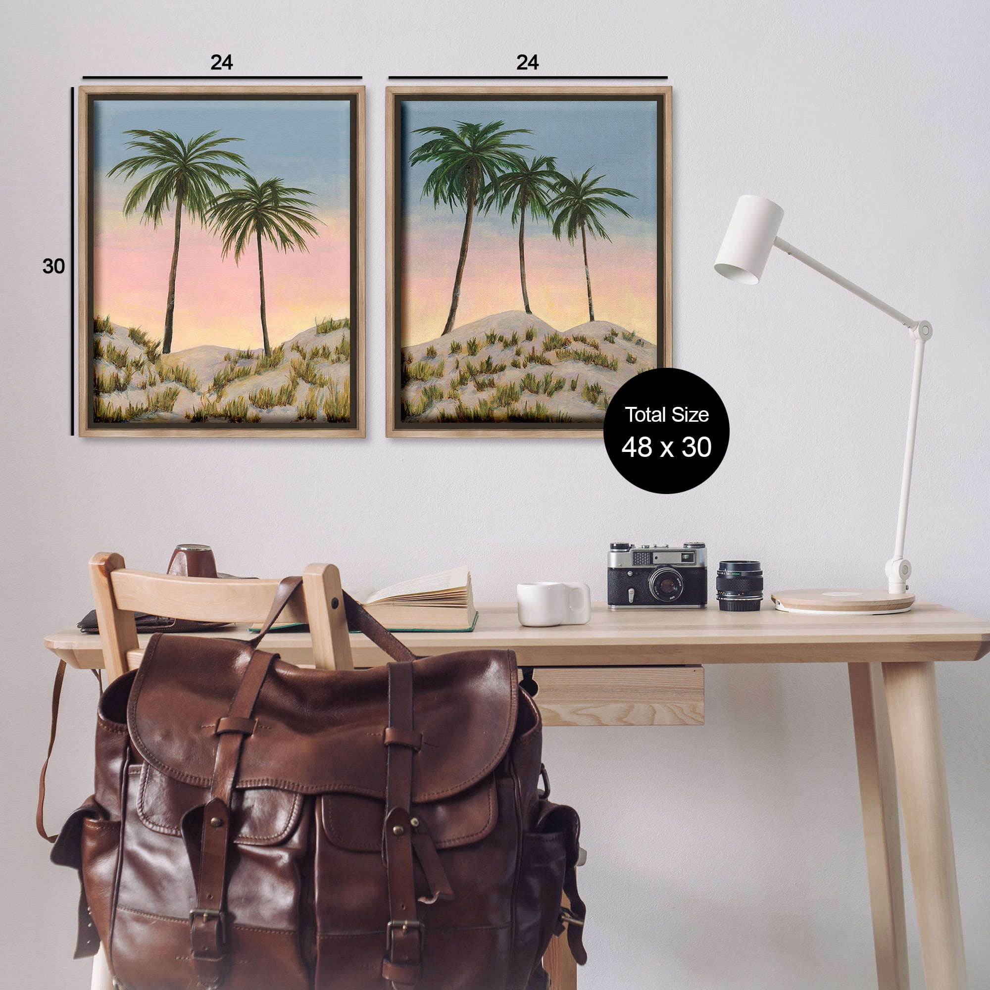 Stupell Industries Sunrise Tropical Scene Landscape Painting Brown Floater Framed Canvas Art Print Wall Art, 25 x 31, Set of 2