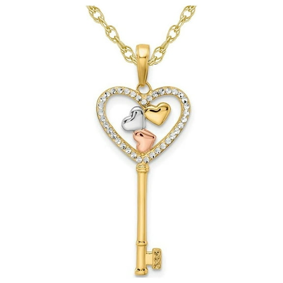 14K Yellow and Pink Gold Key Heart Charm Pendant Necklace with Chain for Women