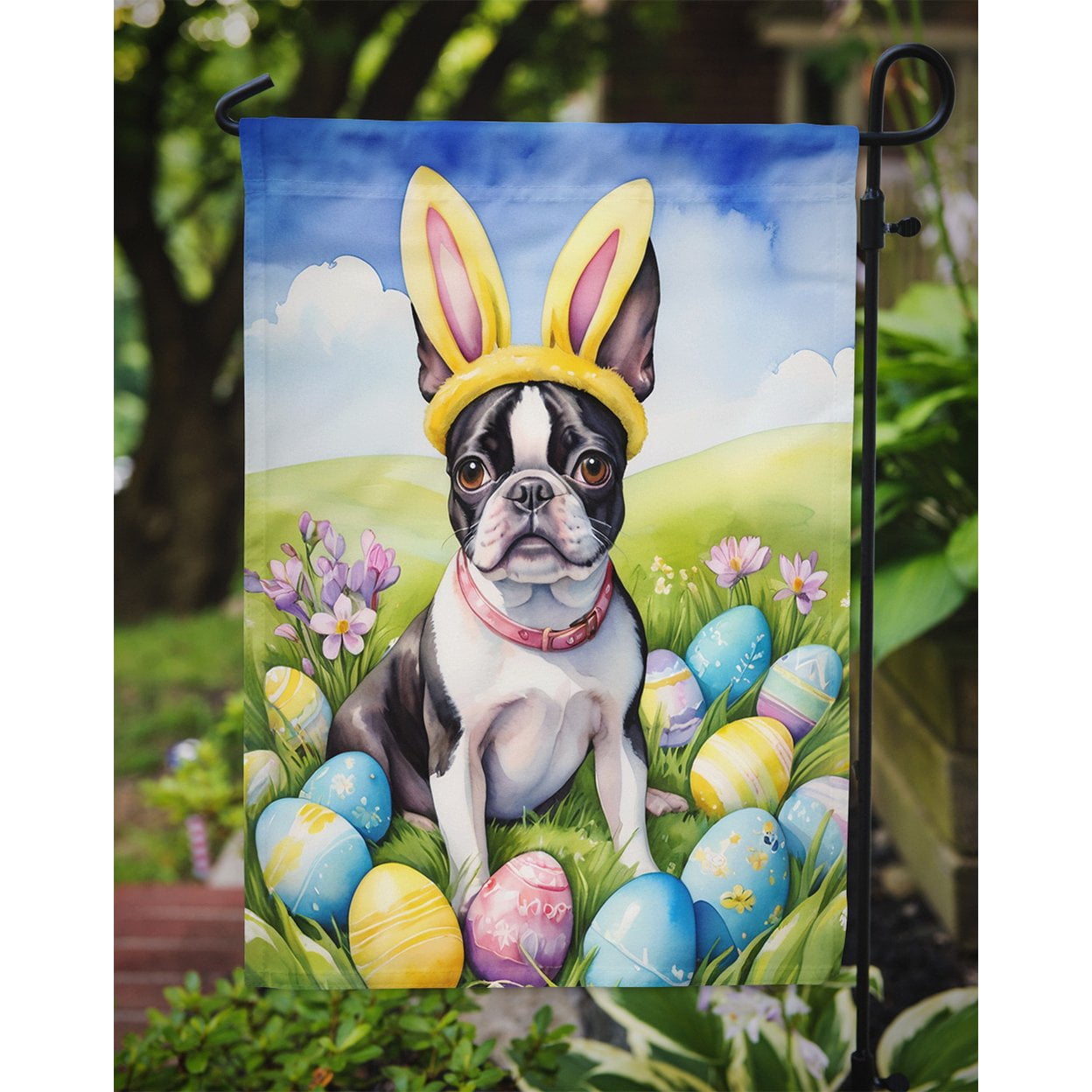 Boston Terrier Easter Egg Hunt Garden Flag 11.25 in x 15.5 in