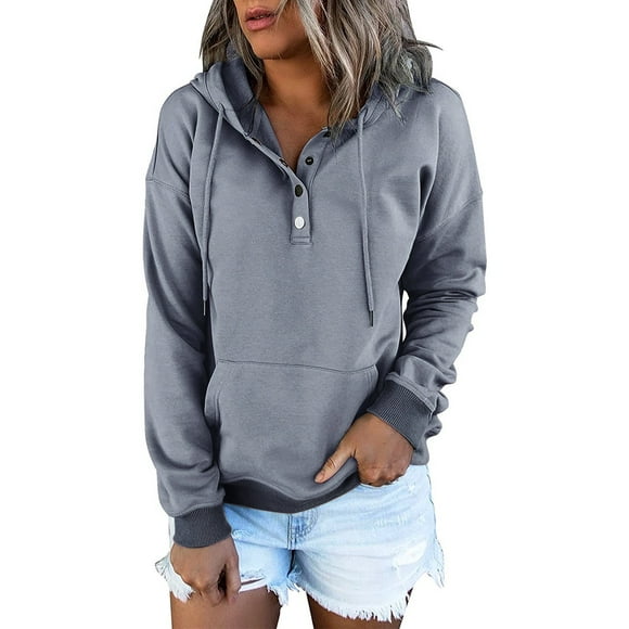 DondPO Womens Hoodies Womens Pocket Hooded Sweatshirts Pullover Sleeve Button V Drawstring Hoodies Neck Hoodies Sweatshirts Preppy Hoodies Cute Tops for Women