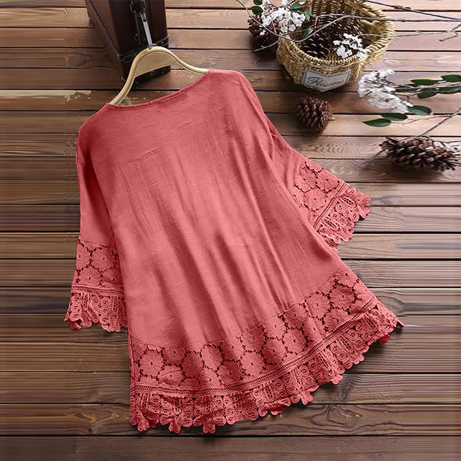 Jsaierl Linen Shirts for Women Lace Patchwork Crew Neck Tops
