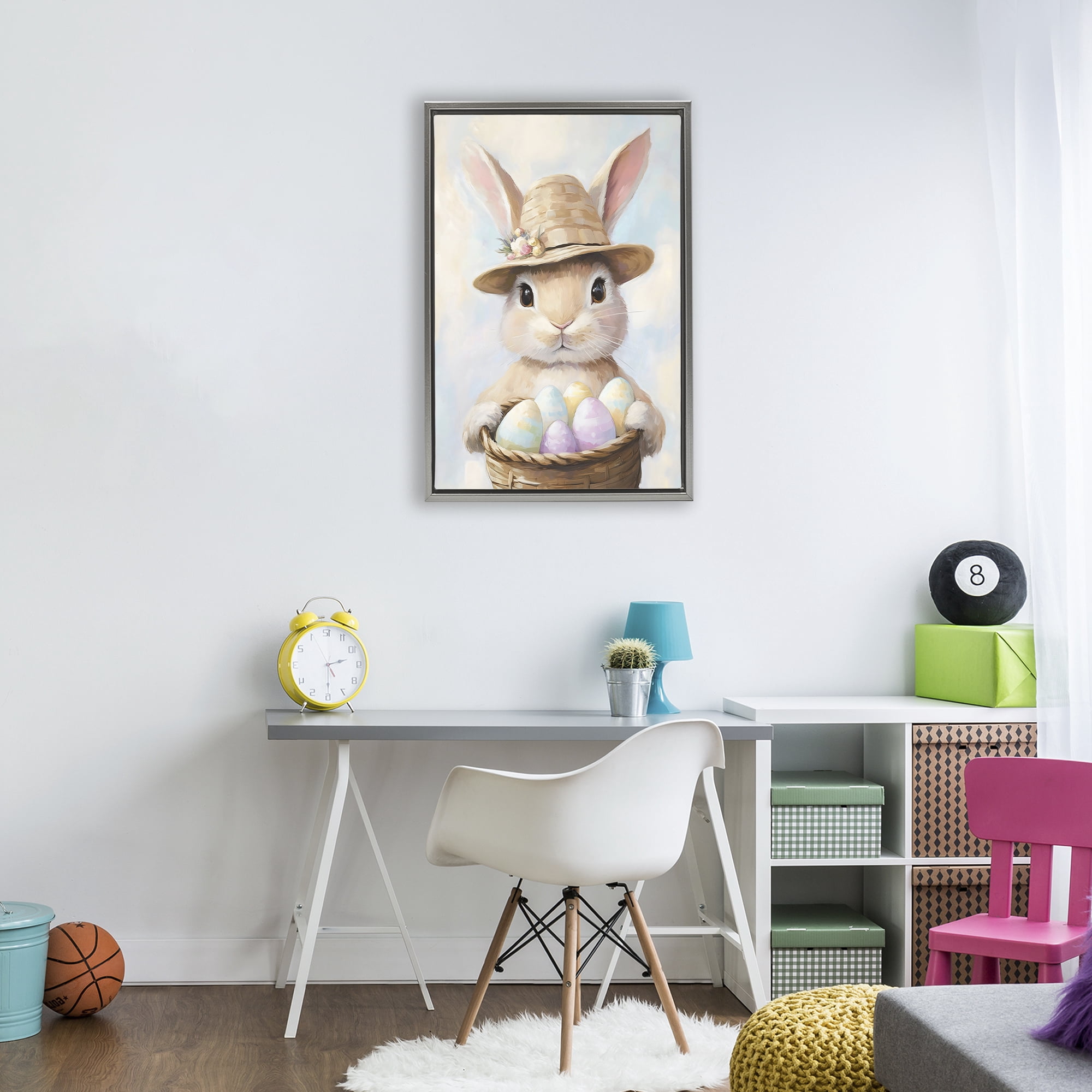 Stupell Industries Bunny with Easter Egg Basket Gray Framed Floater Canvas Wall Art, design by The Prints Vibe