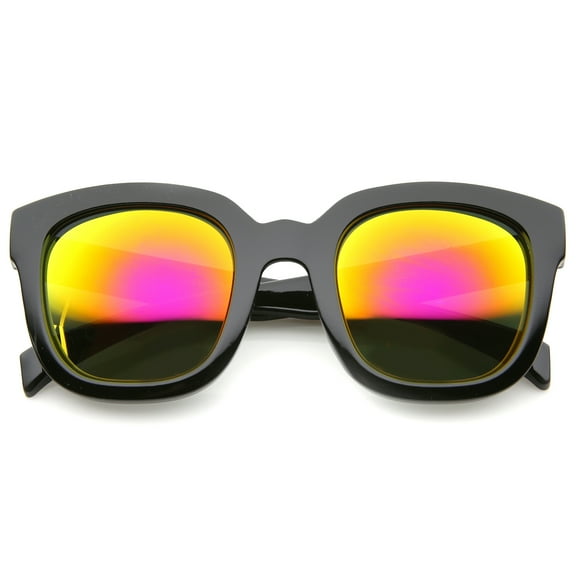 sunglassLA Unisex Bold Oversize Chunky Frame Horn Rimmed Mirror Lens Square Sunglasses (Black / Pink Yellow Mirror) - 53mm