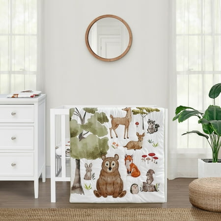 Sweet Jojo Designs Watercolor Woodland Forest Animals Boy Girl Gender Neutral Unisex Mini Crib Bedding Set 3 Piece