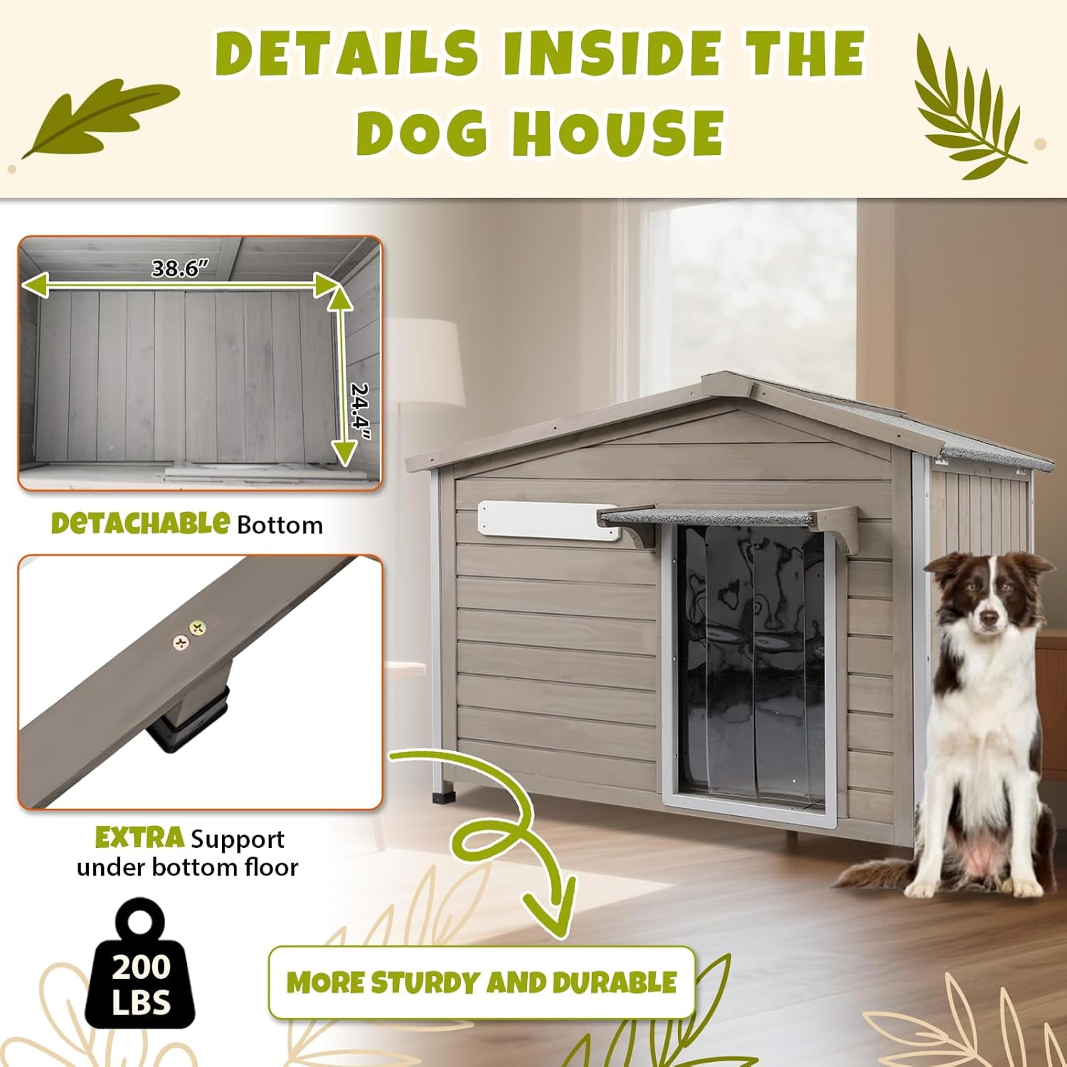 PETSCOSSET 40"L Outdoor Dog House, Wooden Dog Kennel with Asphalt Roof for Medium Dog, Gray