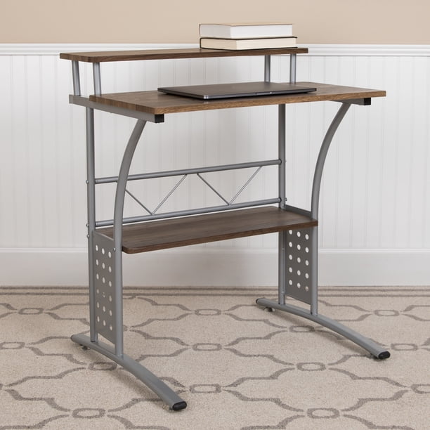 Rustic Walnut Computer Desk with Top and Lower Storage Shelves