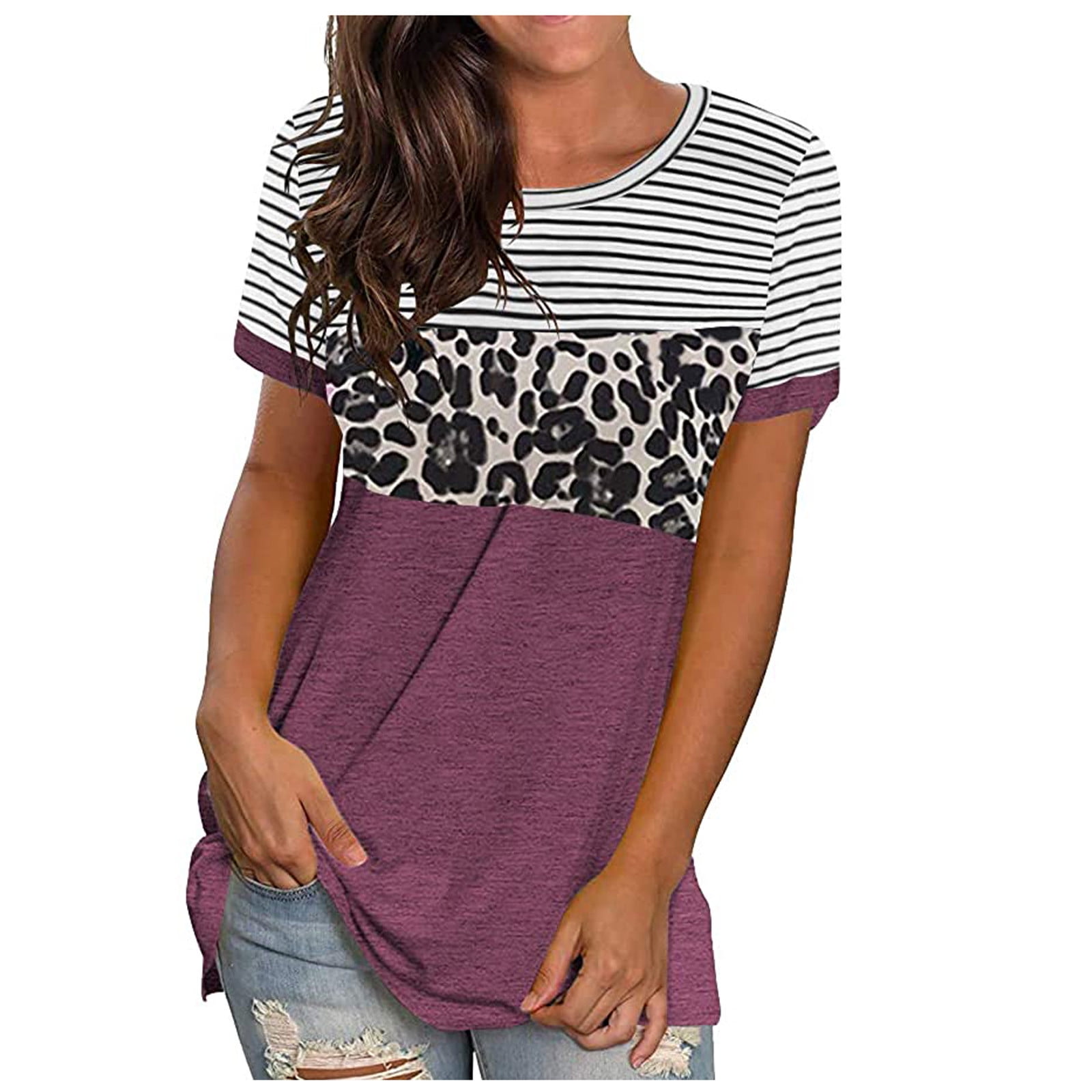 Women Lady T-Shirt Short Sleeve Leopard Print O-Neck Fashion Summer Chiffon Tops