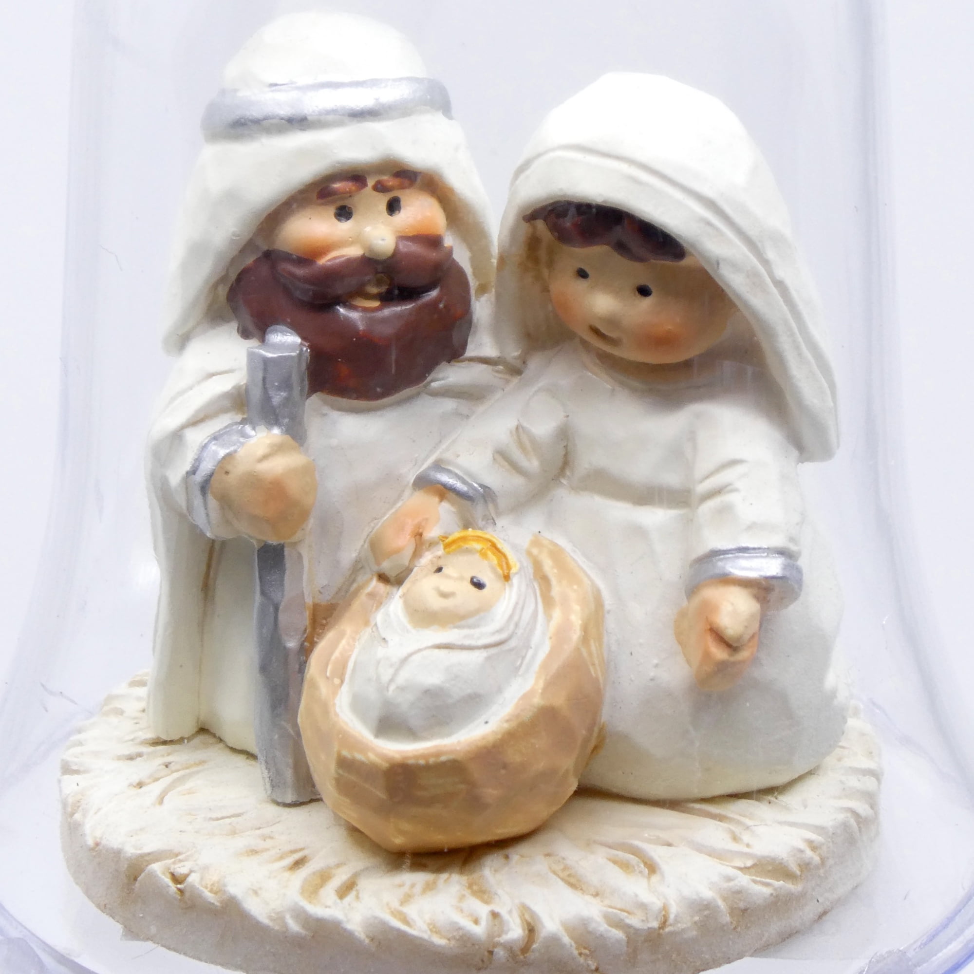 3 pack of Nativity Scene Christmas Tree Ornaments– Adorable Miniature Holy Family figurine Featuring Mary, Joseph and Baby Jesus inside a clear Acrylic Bell shaped Decoration with Silver Ribbon Bow.