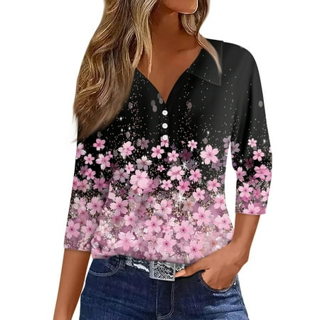 IYYVV Elbow Sleeve Womens Going Out Tops Casual Fall Floral Printed Work Shirts 3/4 Length Sleeve Button Down V Neck T Shirts For Women Women s Summer Blouses Oversized Clothes For Teen Girls Pink M