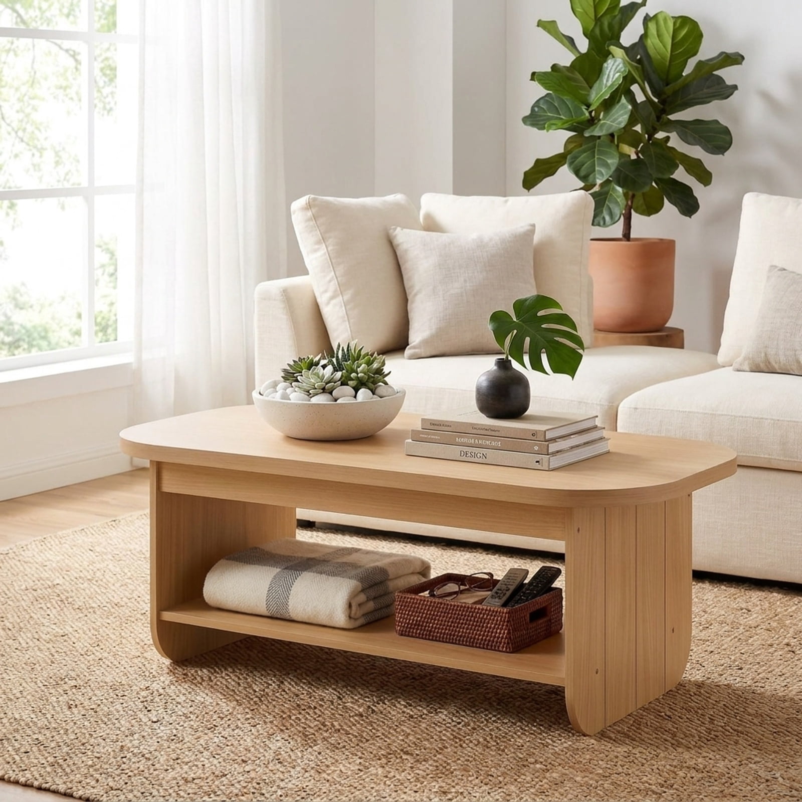 Furnibear 2 Tier Oval Coffee Table with Bottom Storage Shelf and Fluted Design a Mid Century Wood Center Table for the Living Room, Natural