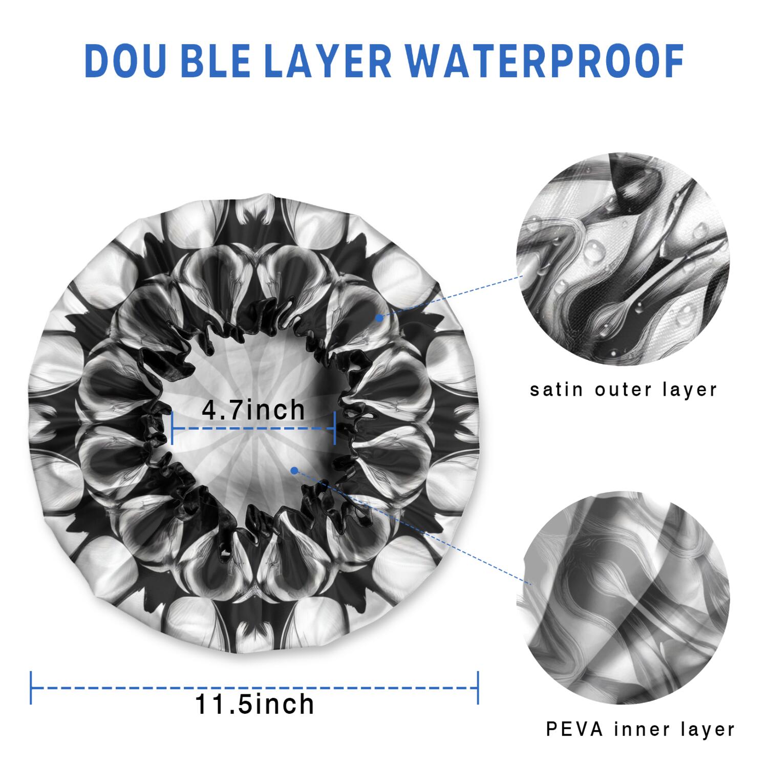 Shower Caps,Black White Tie Dye Mandala Pattern Waterproof Shower Cap for Women 4 Pieces,Double Reusable Hair Cover for Shower PEVA Elastic Stretch Hem