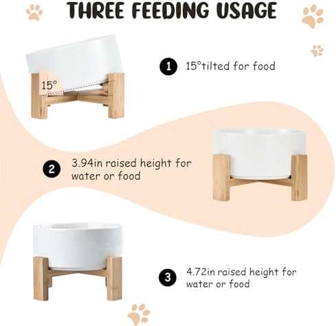 15° Slanted Ceramic Dog and Cat Bowl with Wooden Stand, Tilted Bulldog Food and Water Bowl No Slip Non-Spill for Cats Medium Dogs Big Face Pets 28.7 OZ (3.6 Cups, White)