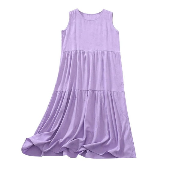Spring Dresses For Women 2025 Plus Size Crew Neck Sleeveless Solid Color Tank Short Dresses Sundresses for Women Trendy Purple 5XL