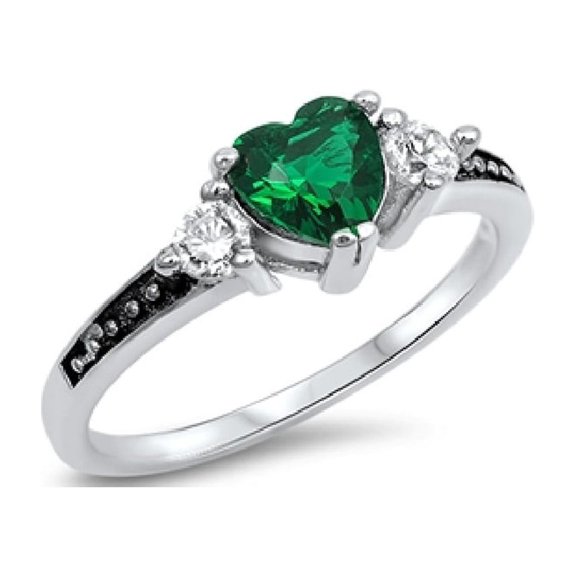 Heart Simulated Emerald Cubic Zirconia Ring Sterling Silver 925