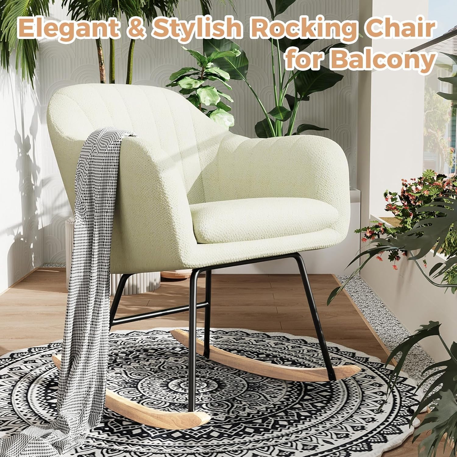 Plush Upholstered Rocking Chair – Soft Glider Nursery Chair with Premium Cushions, Sturdy Rubberwood Legs & Smooth Rocking Motion, Supports 330lbs – Cozy Accent Chair for Living Room, Bedroom & Baby N