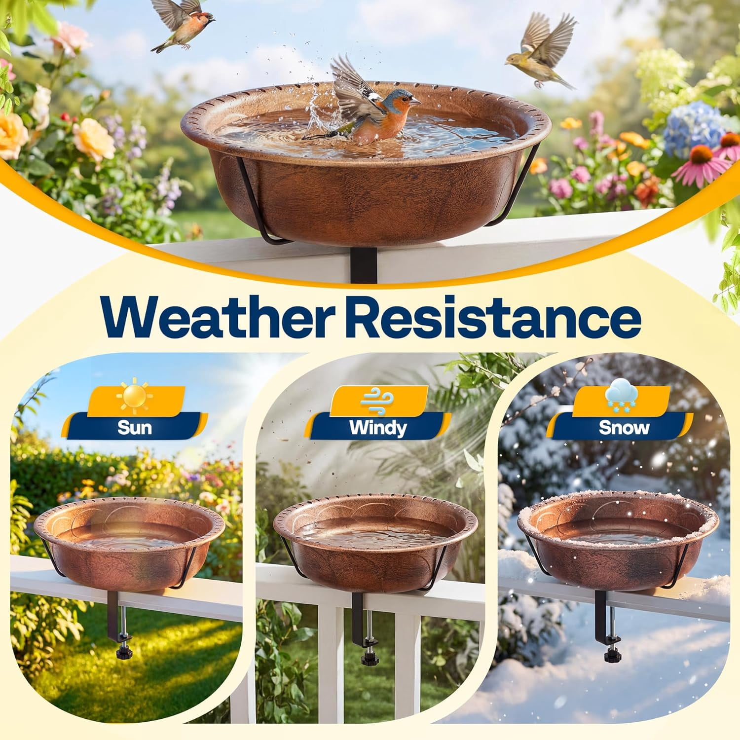 SPECSTAR Deck Mounted Bird Bath for Outside, Weather-Resistant ABS Bird Bath and Feeder with Adjustable Metal Clamp for Railing, Fence, Balcony, 1.45 Gallons, Bronze