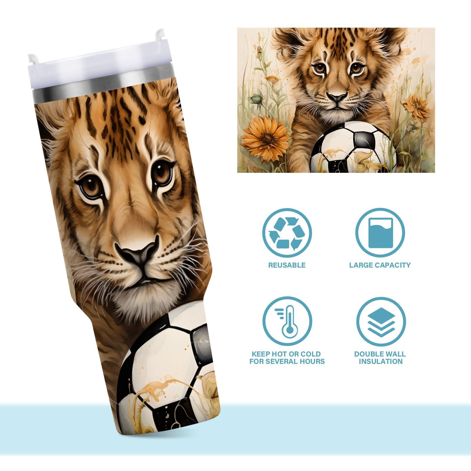 JSTEL Cute Lion Baby 30 oz Tumbler Stainless Steel Water Bottle Vacuum Insulated Cup with Straw Lid & Handle For Travel Car Cup Holder