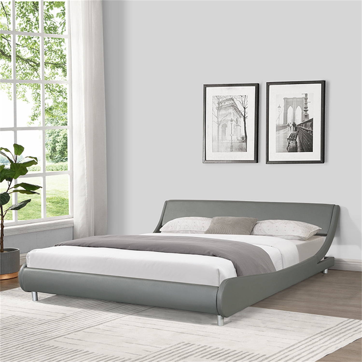 King Size Faux Leather Upholstered Platform Bed Frame with Curved