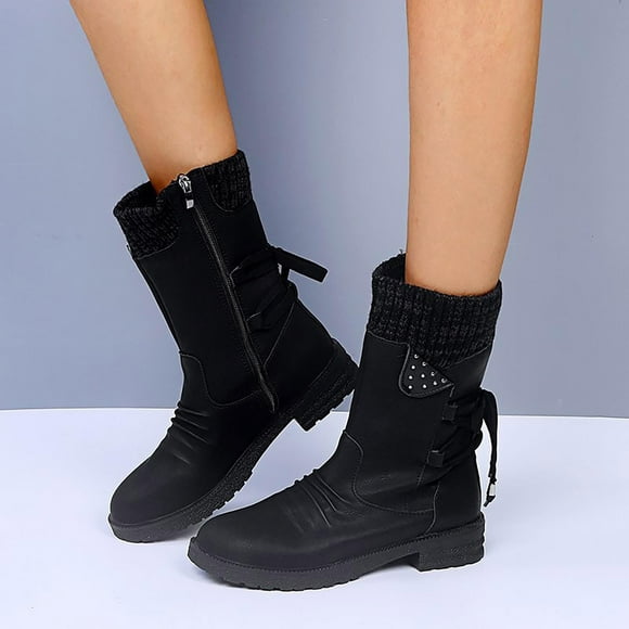 jsaierl Women Fashion Shoes Retro Western Boots Casual Warm Low Heels Mid-calf Boots