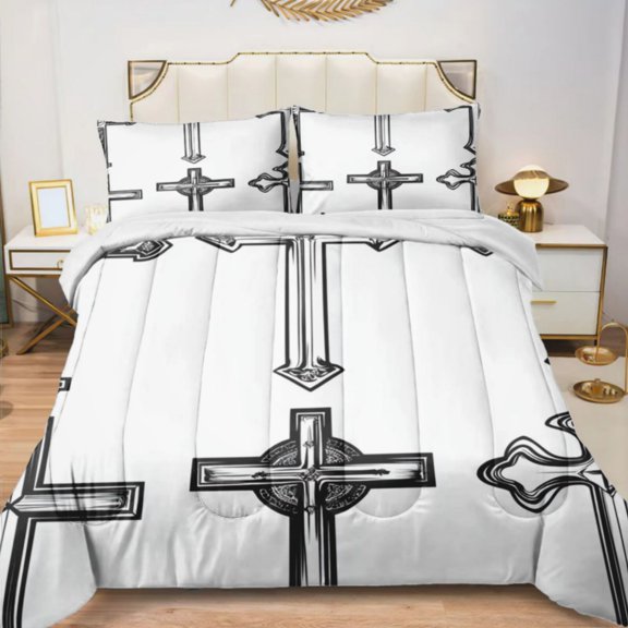 Quilted Comforter Duvet, All Season Duvet, Soft Bedding 3 Set, 1 Duvet Comforter & 2 Pillow Case, christian cross vector, Twin