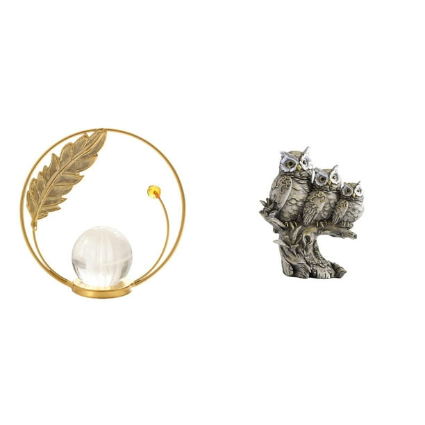 Figura decorativa de búho de cristal con bola de metal, adorno de escritorio, estatua, soporte para sala de estar, oficina, dormitorio o pasillo
