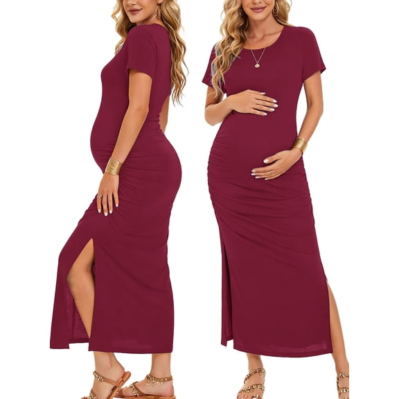 Women's Short Sleeve Maternity Dresses Clothes Split Pregnancy Maxi Dresses
