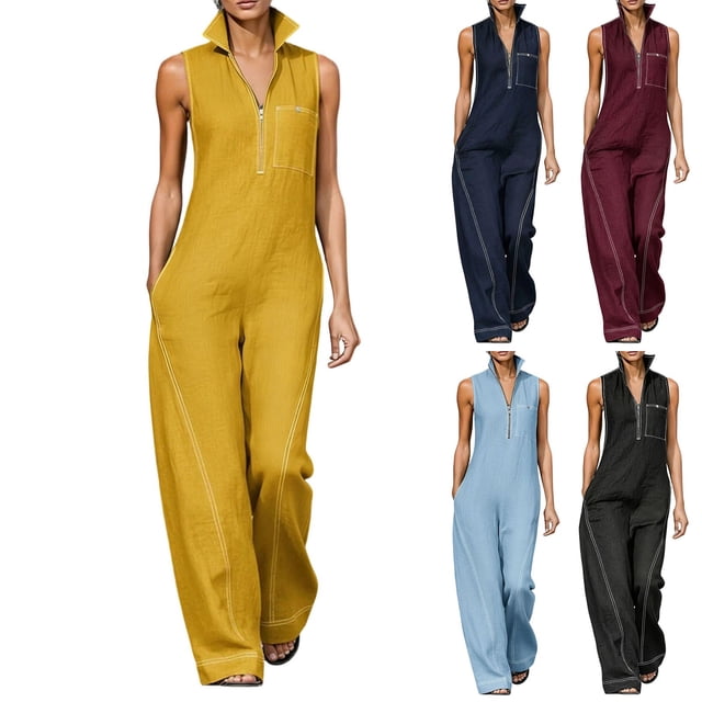 Sentmoon Combinaison-Robe Sans Manches à Col, Combinaisons pour Femmes Grande Taille, Couleur Unie avec Fermeture Éclair, Coupe Ample, Robe Salopette pour Femmes d'Été pour Sorties et Fêtes P-3TG